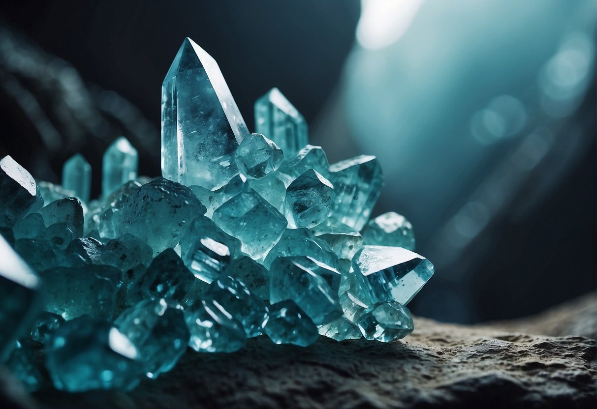 A cluster of aquamarine crystals forms in a cave, reflecting light from nearby water sources