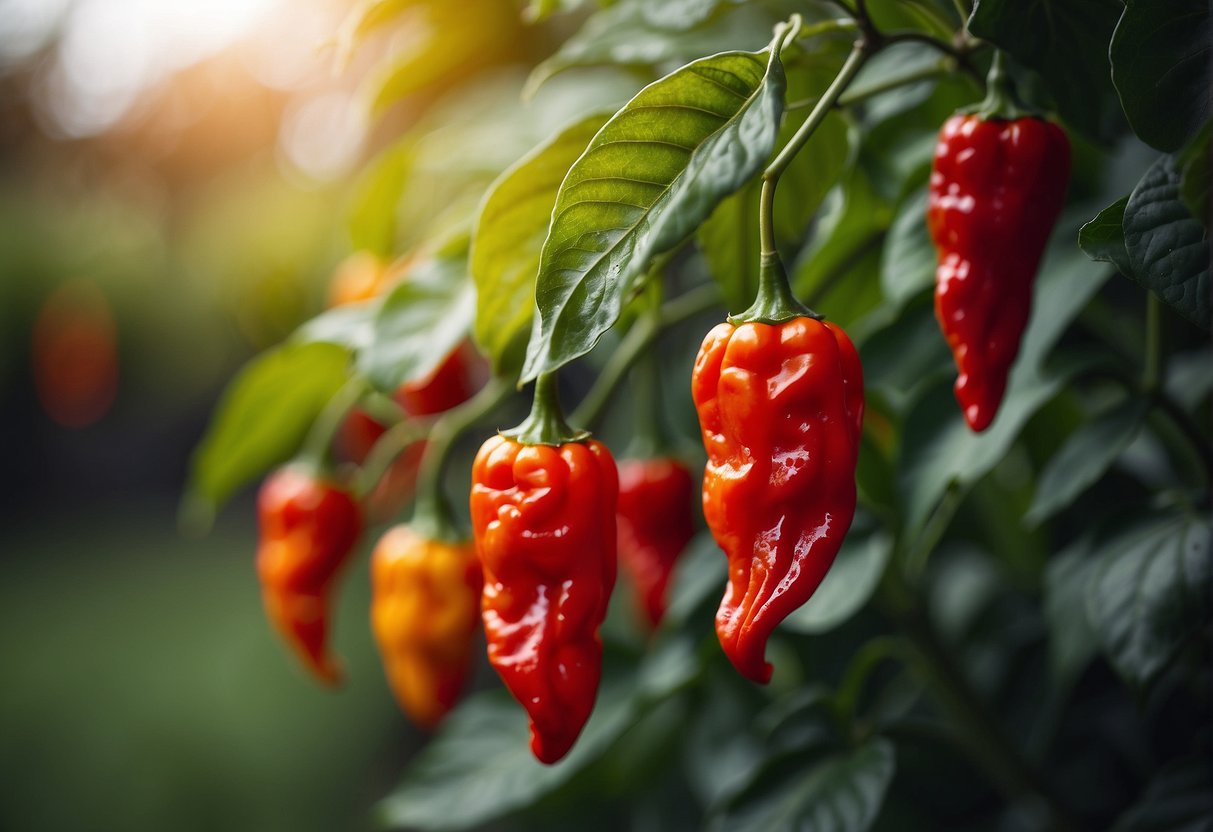 Ripe ghost peppers hang from the plant, vibrant red and wrinkled. A few have fallen to the ground, their fiery color contrasting with the green leaves