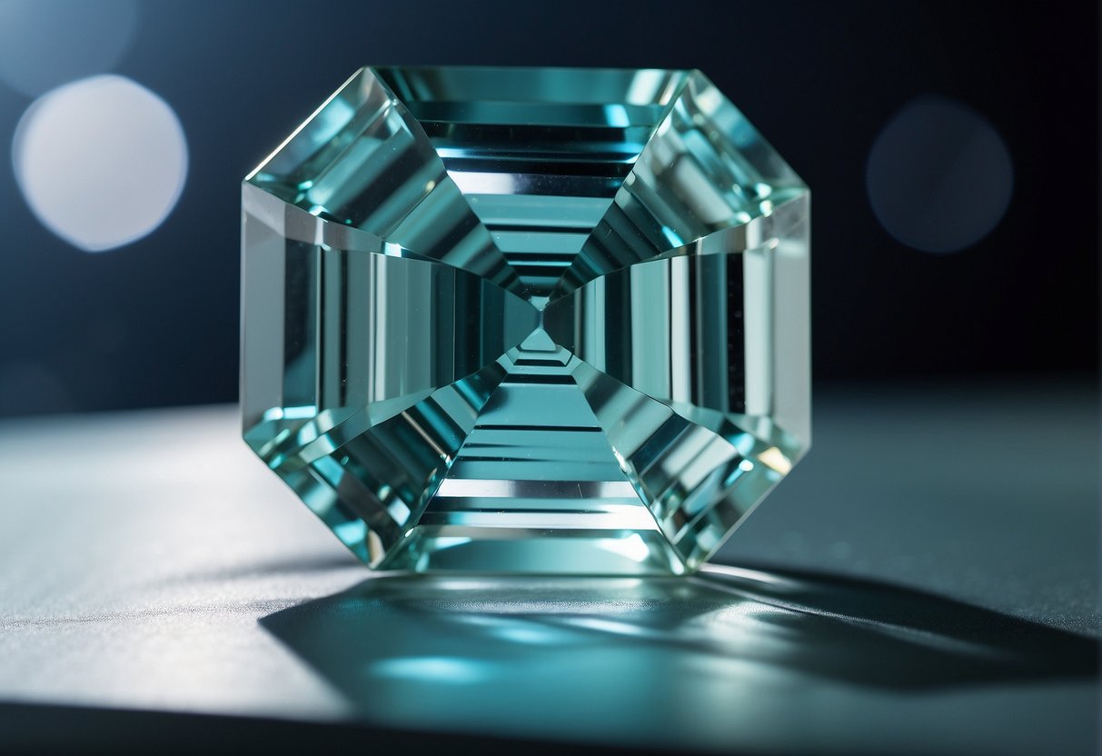 Aquamarine crystal reflects light, with a pale blue-green color. It has a hexagonal shape and a glassy luster, with a hardness of 7.5-8 on the Mohs scale