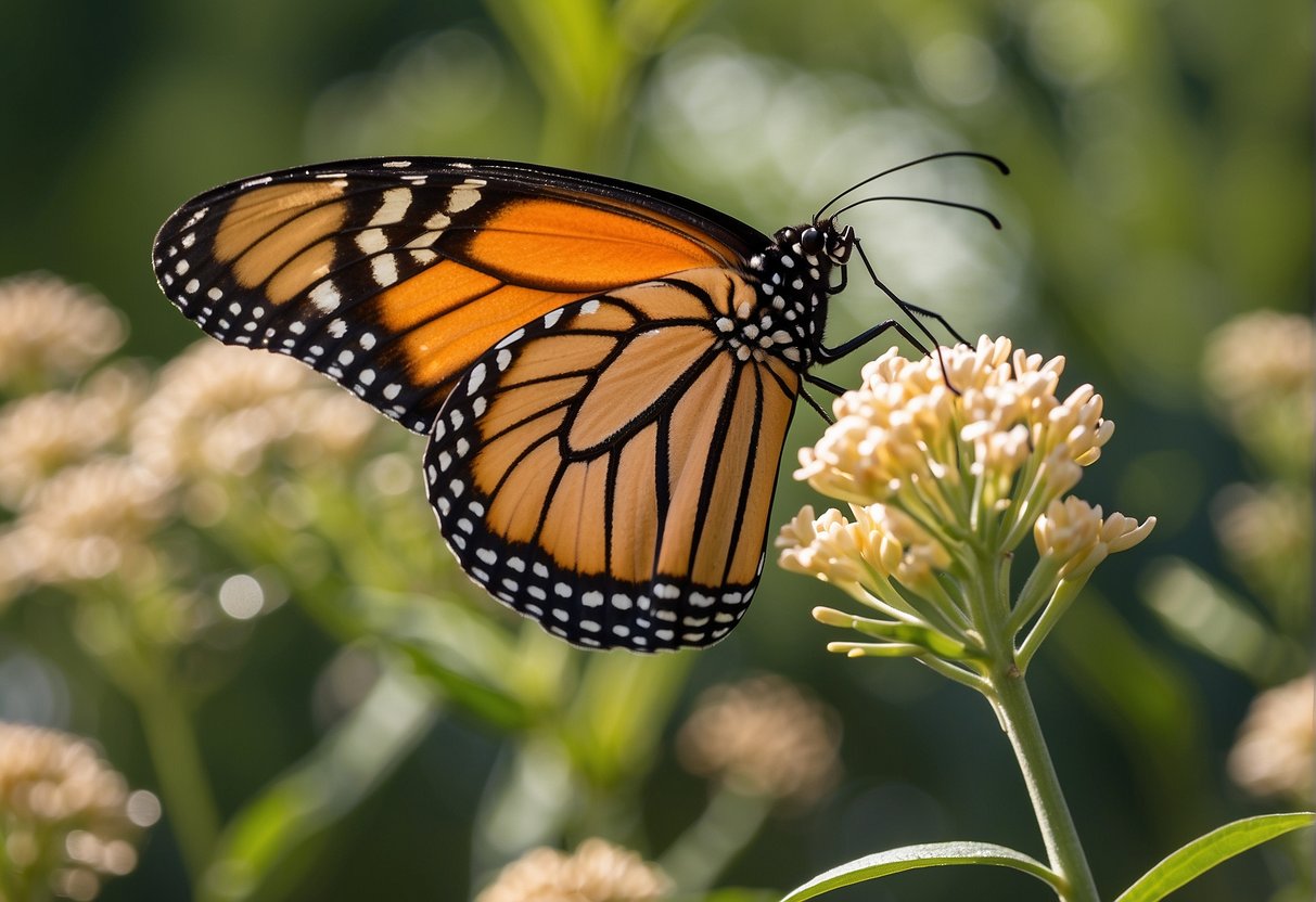 A monarch butterfly lays eggs on milkweed. The milkweed provides food and shelter for the caterpillars, while the butterflies help pollinate the milkweed flowers