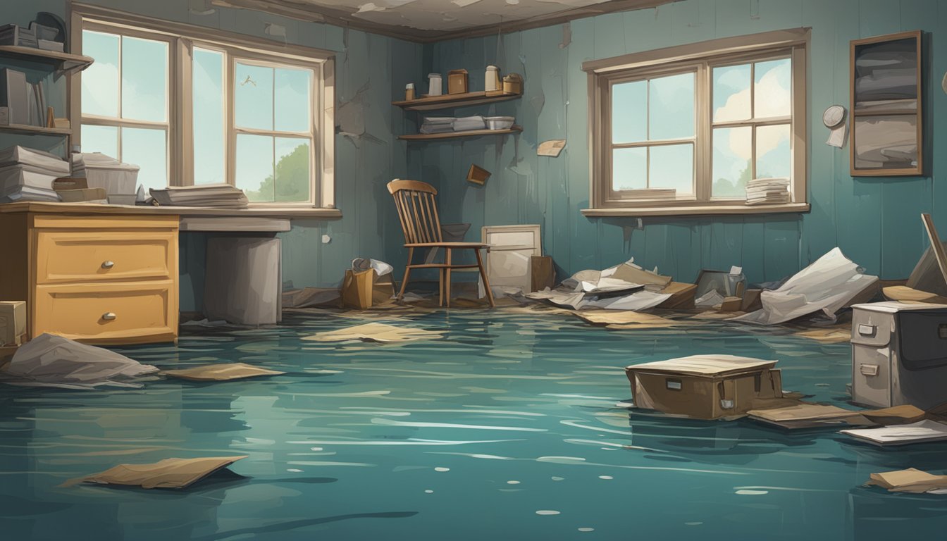 A flooded home with damaged belongings, moldy walls, and a distressed atmosphere