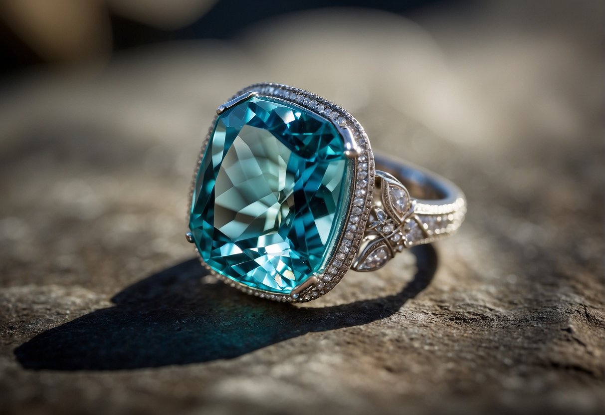 A sparkling aquamarine gemstone reflects light in a display of vibrant blue hues, showcasing its quality and value