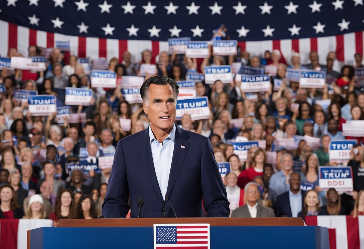 Romney's statement: "I will not vote for Trump over Biden." Illustrate a senator standing confidently, with a determined expression, addressing a crowd