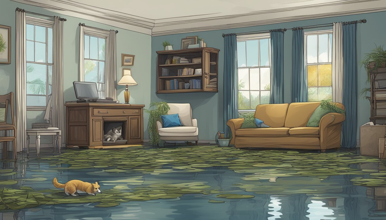 A flooded home with damaged furniture, waterlogged belongings, and a distraught pet seeking refuge on higher ground