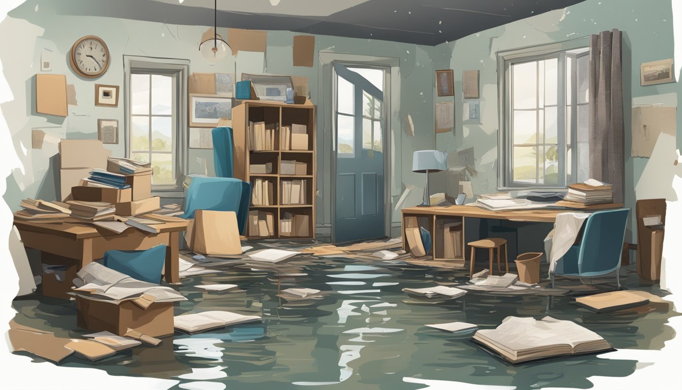 A flooded home with damaged belongings, water marks on walls, and a distressed atmosphere. Research articles and books on coping strategies scattered around