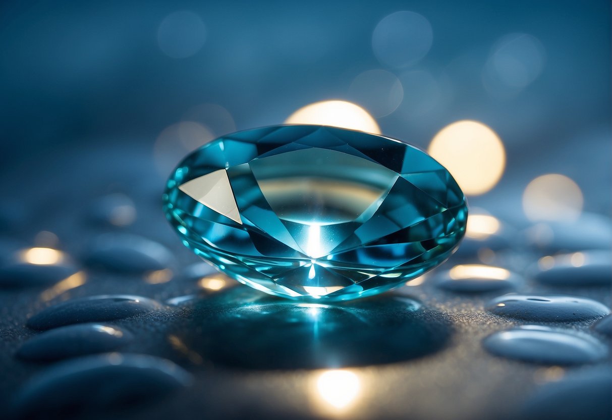 A sparkling aquamarine gemstone sits atop a bed of shimmering blue waves, reflecting the light with its translucent and soothing appearance