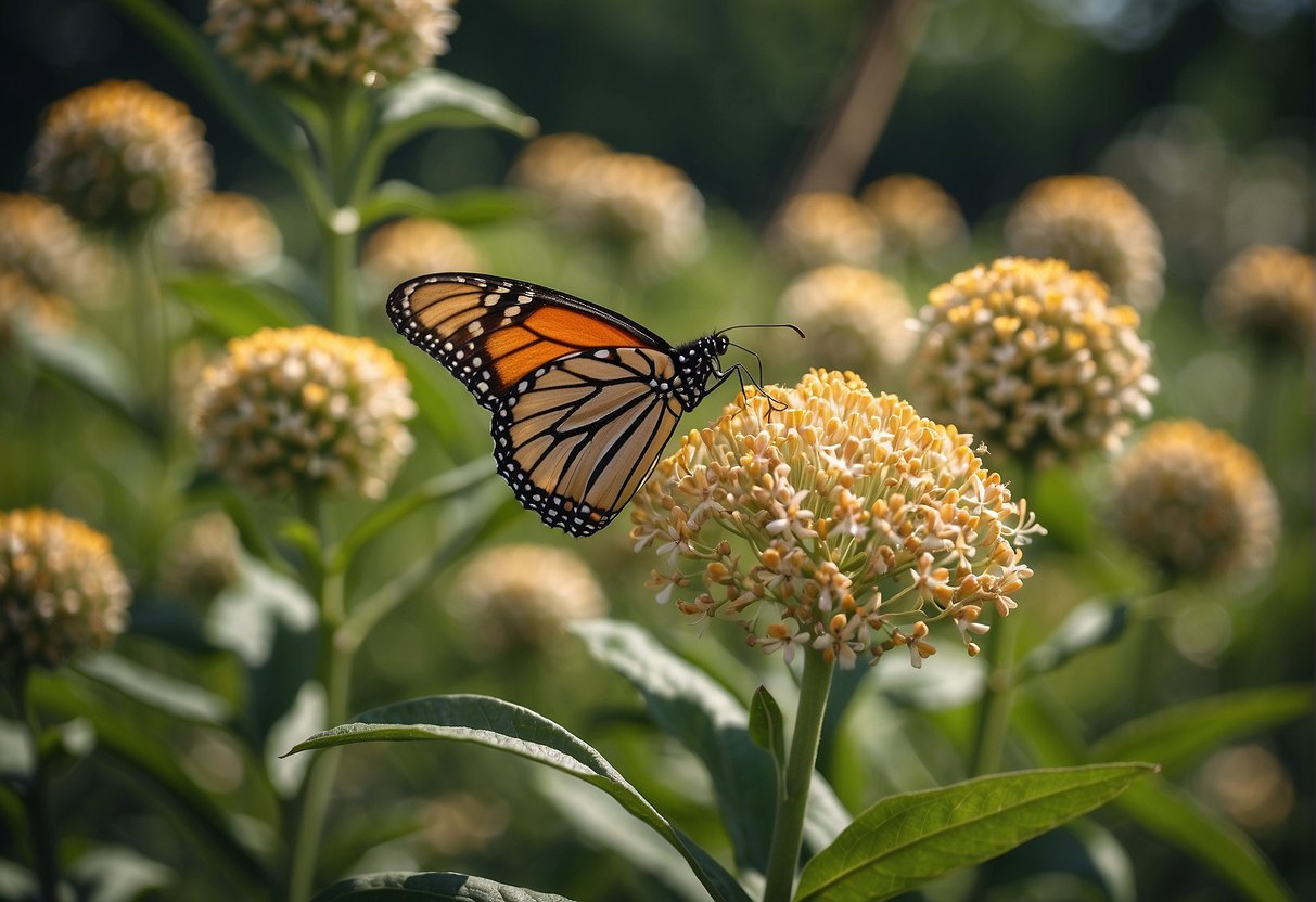 A milkweed plant provides shelter and food for monarch butterfly larvae, while the butterflies help pollinate the milkweed