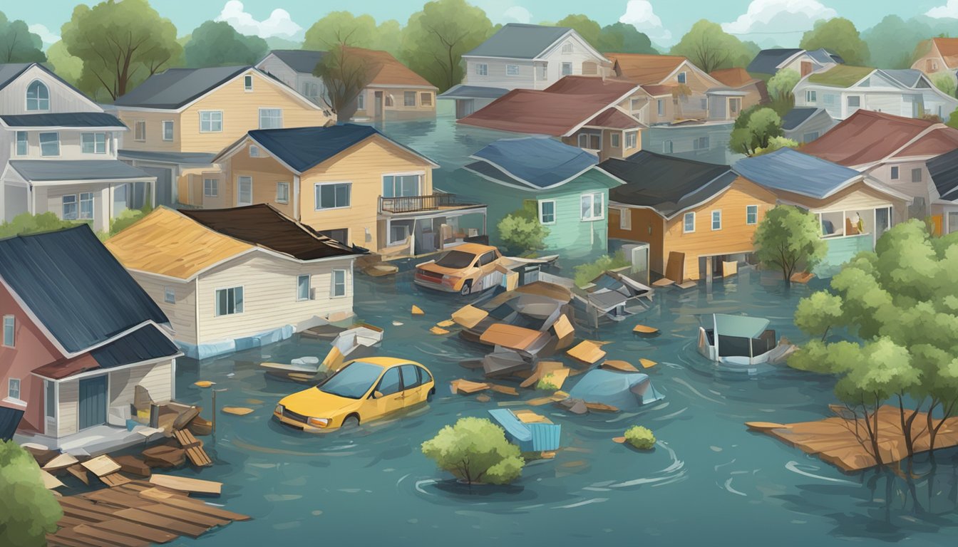 A flooded neighborhood with damaged homes and belongings. People seeking support and resources for coping with the psychological impact of the disaster