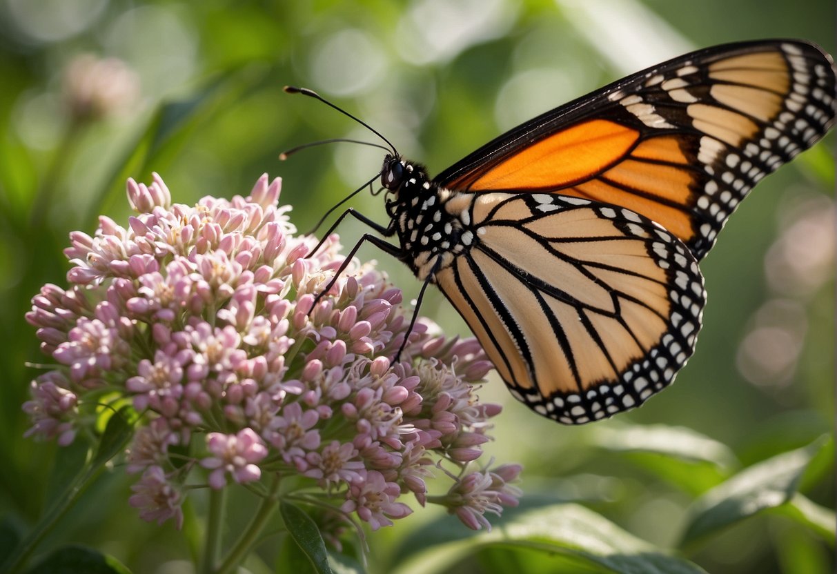 A milkweed plant provides shelter and food for monarch butterfly larvae, while the butterfly aids in pollination