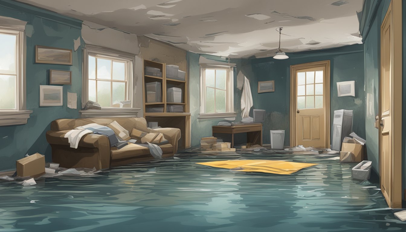 A flooded home with damaged belongings, water marks on walls, and a distressed atmosphere