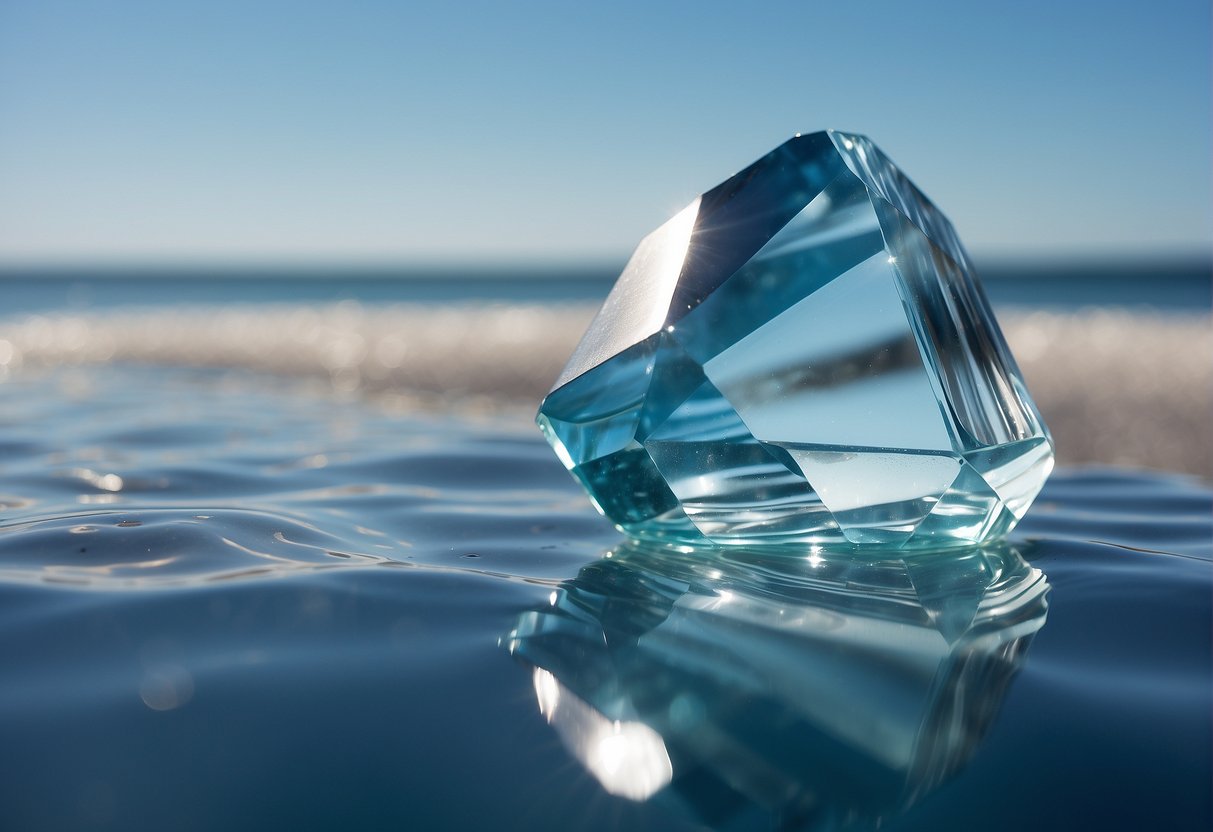 Ein ruhiger Aquamarinkristall, der auf einem Bett aus schimmerndem blauem Wasser ruht, umgeben von sanften Wellen und das Licht mit einer beruhigenden, ruhigen Energie reflektiert