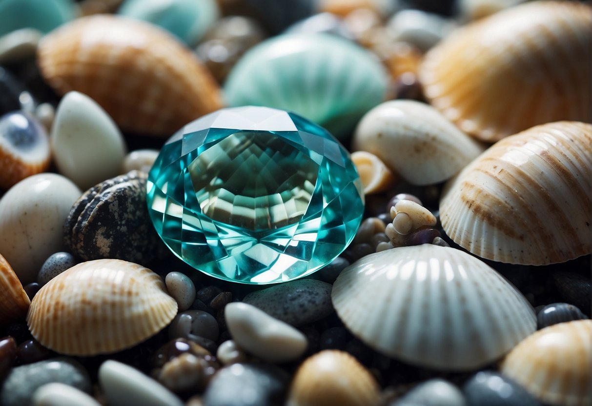 Ein ruhiger Ozean mit einem schimmernden Aquamarin-Edelstein, der auf einem Bett aus bunten Muscheln ruht, umgeben von mystischen Kreaturen wie Meerjungfrauen und Seedrachen