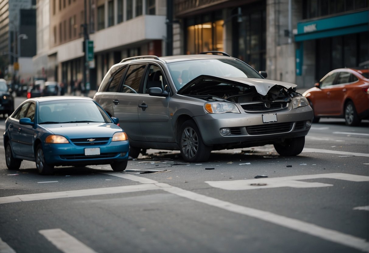 A car collided with another vehicle on a busy city street, causing damage and potential injuries. Legal documents and a concerned driver are present