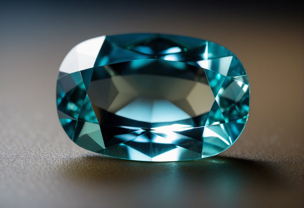 A sparkling aquamarine gemstone being gently cleaned and polished with a soft cloth, reflecting light and showcasing its beautiful blue-green hue