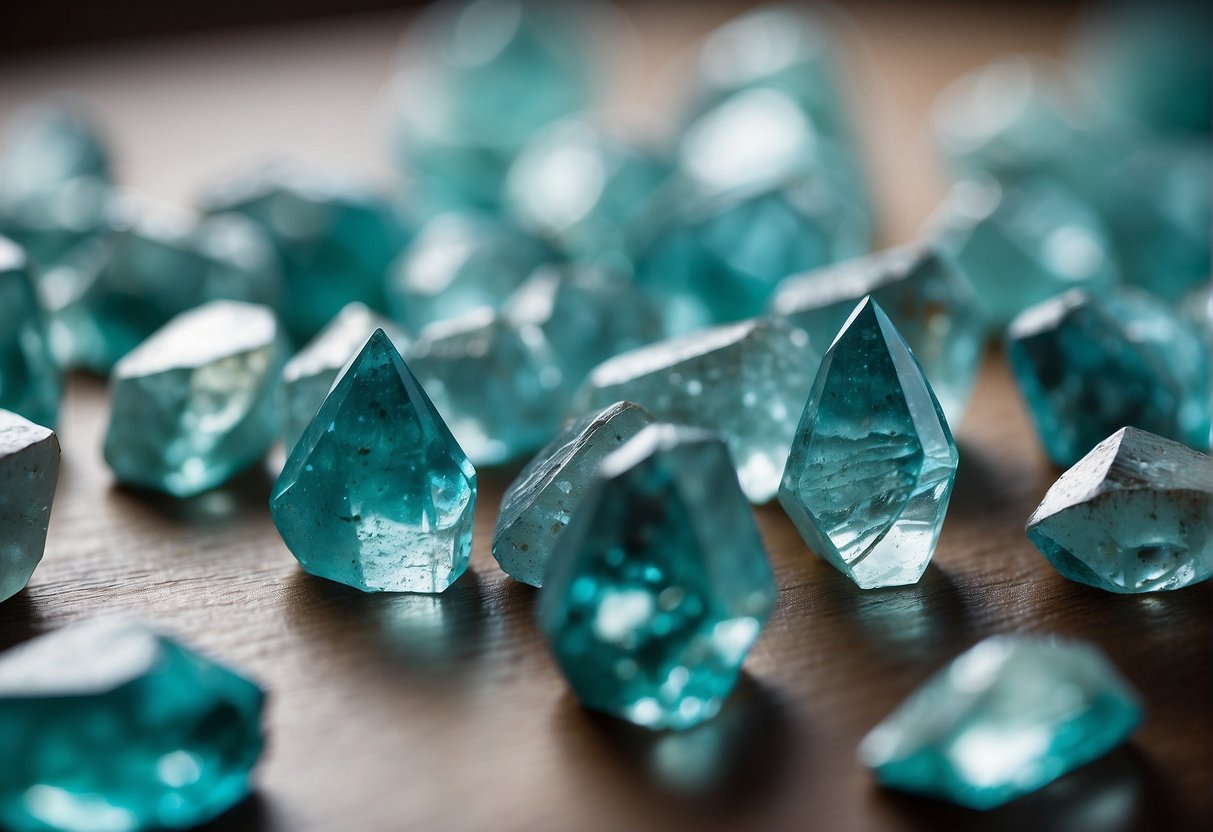 Aquamarine crystals placed in a serene room, surrounded by soft natural light and calming decor