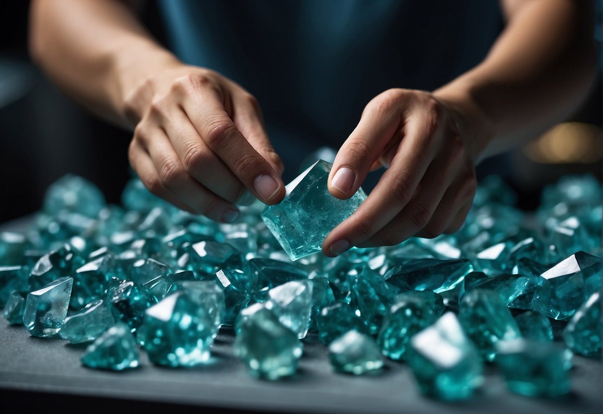 A figure examines aquamarine specimens, researching and investing in their properties