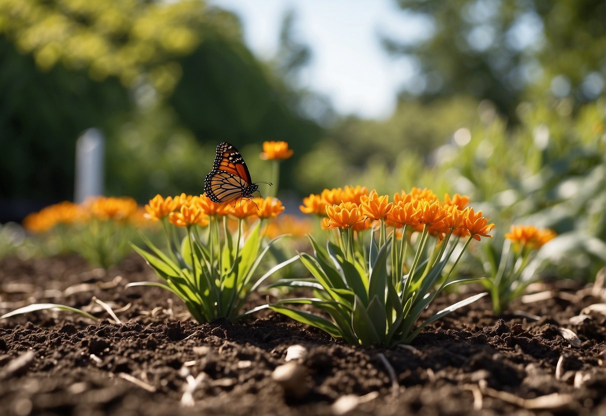 A garden bed with healthy, blooming butterfly milkweed plants, surrounded by mulch and labeled plant markers