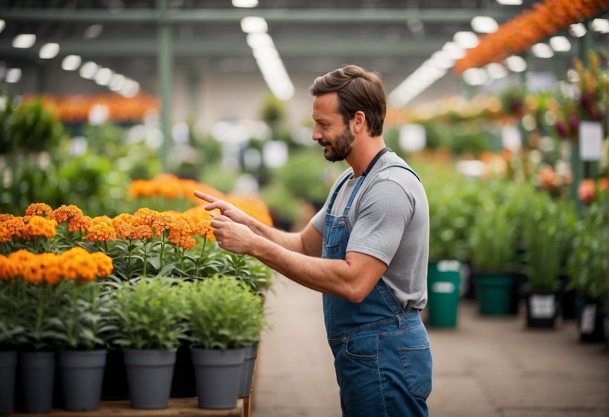 A customer browsing a garden center, pointing at a sign for butterfly milkweed plants