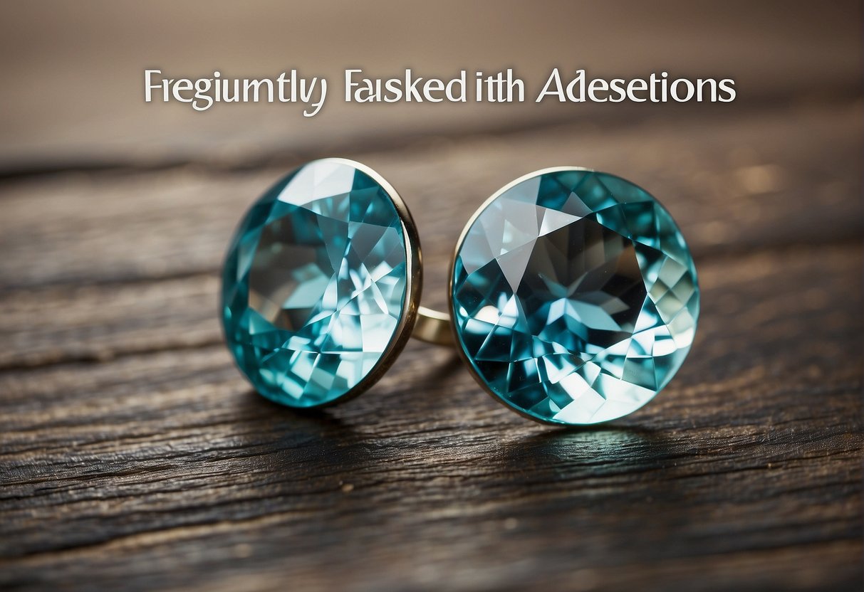 Aquamarine gemstone surrounded by text "Frequently Asked Questions" in bold font