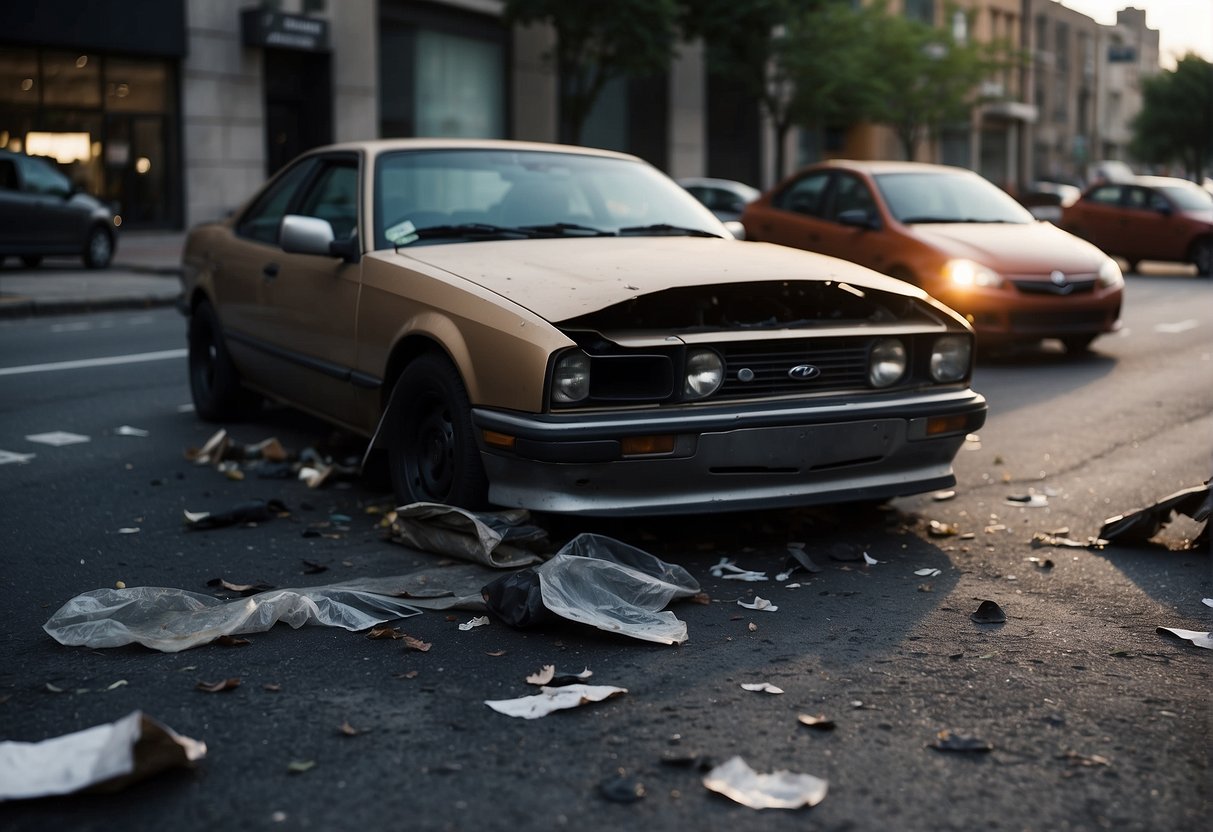 A damaged car sits on the side of the road, with debris scattered around. Emergency vehicles and bystanders are present, and a sense of chaos and urgency fills the air