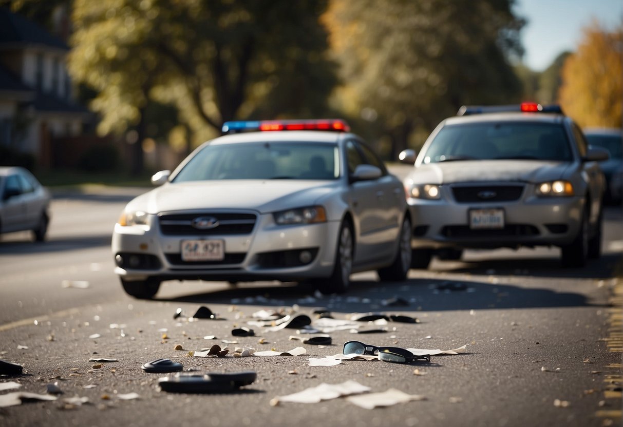 A car accident scene with vehicles, skid marks, and damaged property. Legal documents and evidence scattered on the ground. Emergency vehicles and bystanders in the background