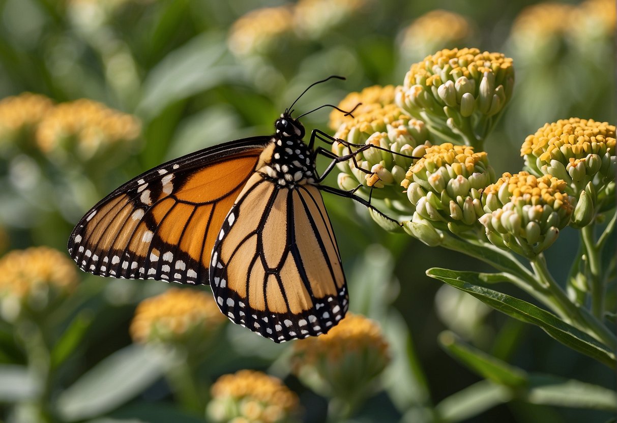 A monarch butterfly lays eggs on a milkweed plant, which serves as the sole food source for their caterpillars. This symbiotic relationship highlights the crucial role of milkweed in supporting the conservation of monarch butterflies