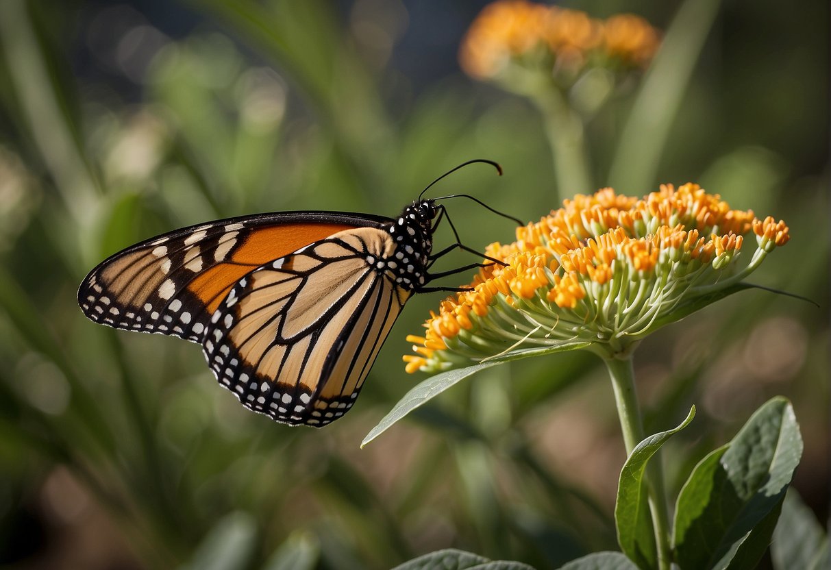 Milkweed and monarch butterfly in a close, symbiotic relationship. Milkweed serves as the sole food source for monarch caterpillars, while monarchs aid in pollination