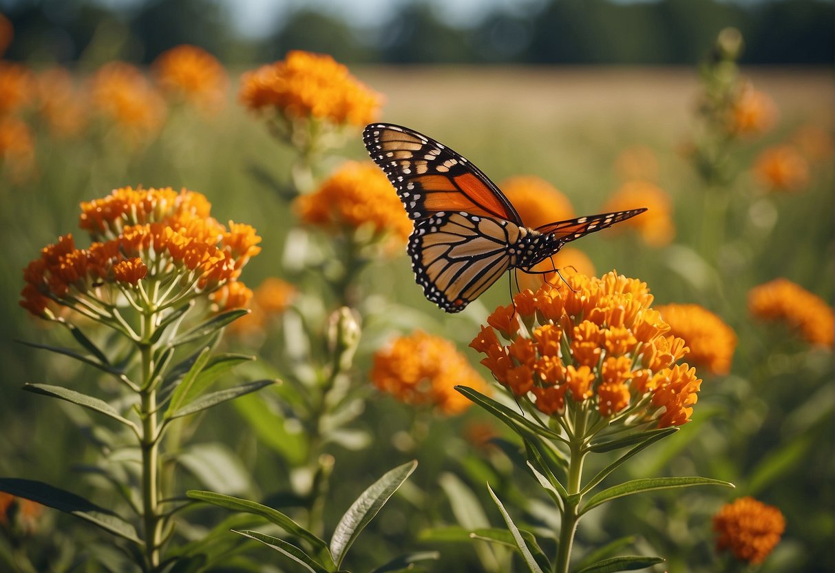 Butterfly milkweed grows tall in a sunny field, surrounded by other wildflowers. Its vibrant orange blooms attract butterflies and bees