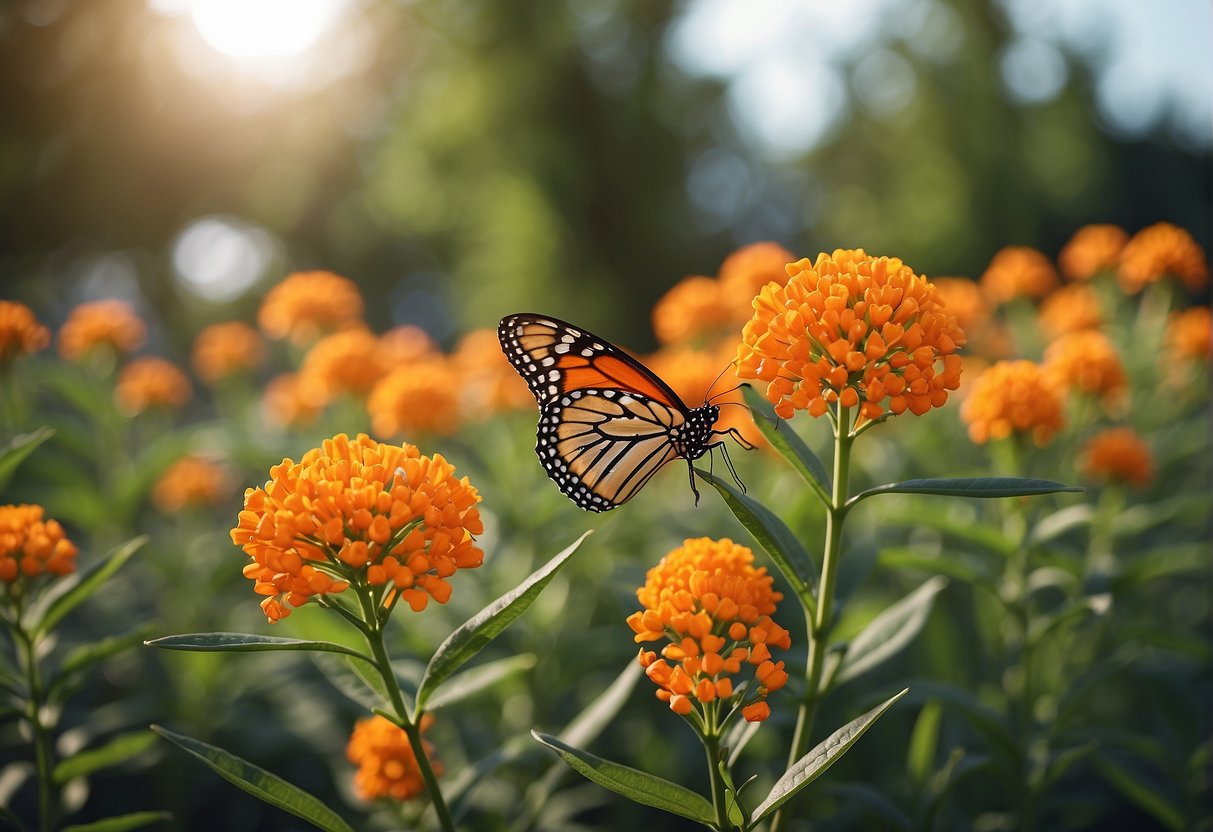 A butterfly milkweed plant stands tall in a vibrant garden. Its bright orange flowers attract fluttering butterflies. A sign nearby reads "Butterfly Milkweed for Sale."