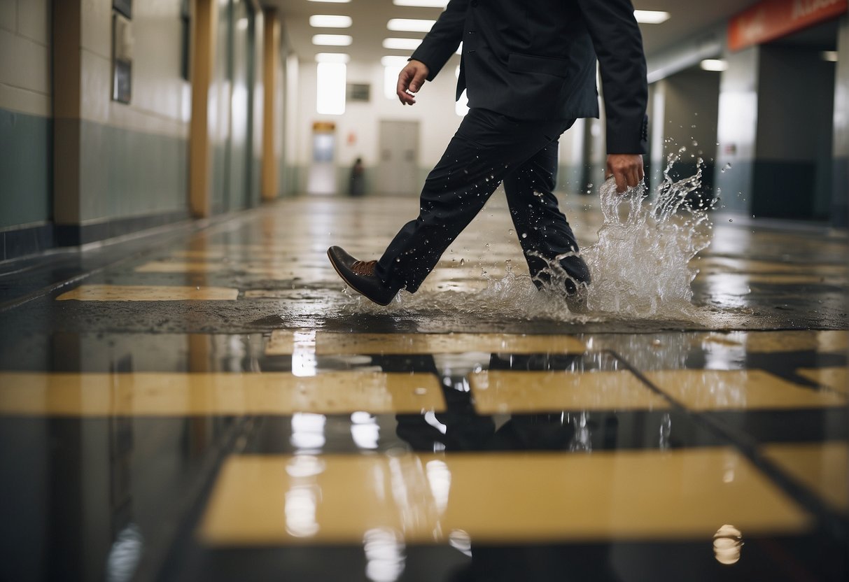 A person slipping on a wet floor, falling, and injuring themselves. They are then seeking compensation for their injuries