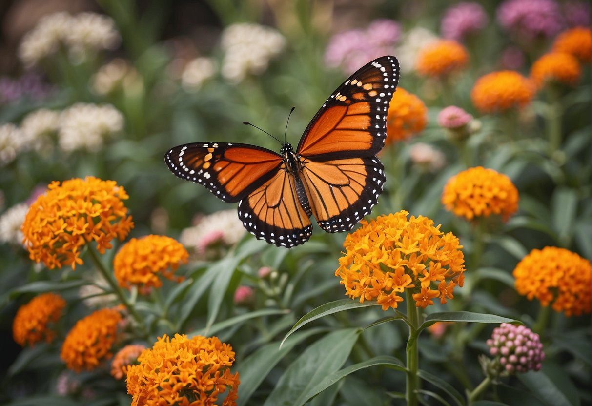 Butterfly milkweed for sale at a local garden center, with a sign reading "Frequently Asked Questions: Where can you buy butterfly milkweed?" surrounded by colorful flowers and fluttering butterflies