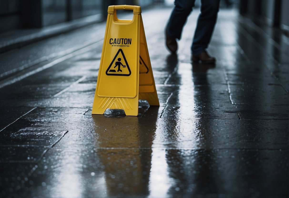 A person slipping on a wet floor in front of a building, with a visible "Caution: Wet Floor" sign nearby