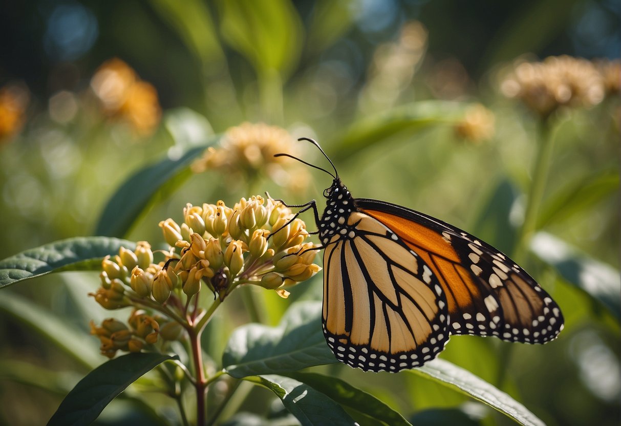 Monarch butterfly garden scene: Milkweed and host plants planted in Zone 5, with butterflies fluttering around and caterpillars munching on leaves