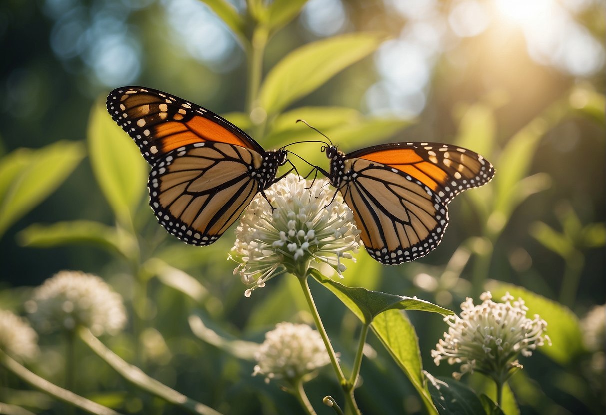 Monarch butterflies lay eggs on common milkweed plants in a sunny meadow