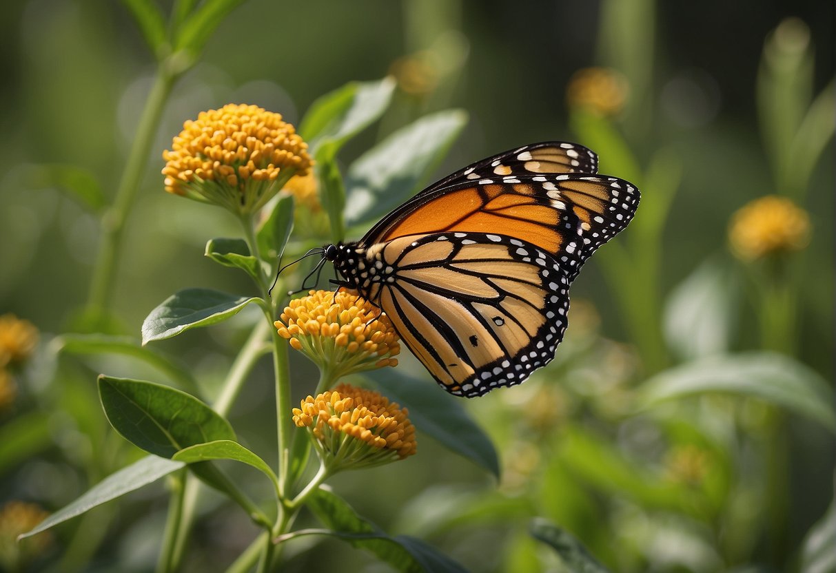 Monarch butterflies lay eggs on common milkweed plants, with their vibrant orange and black wings fluttering among the tall green stalks