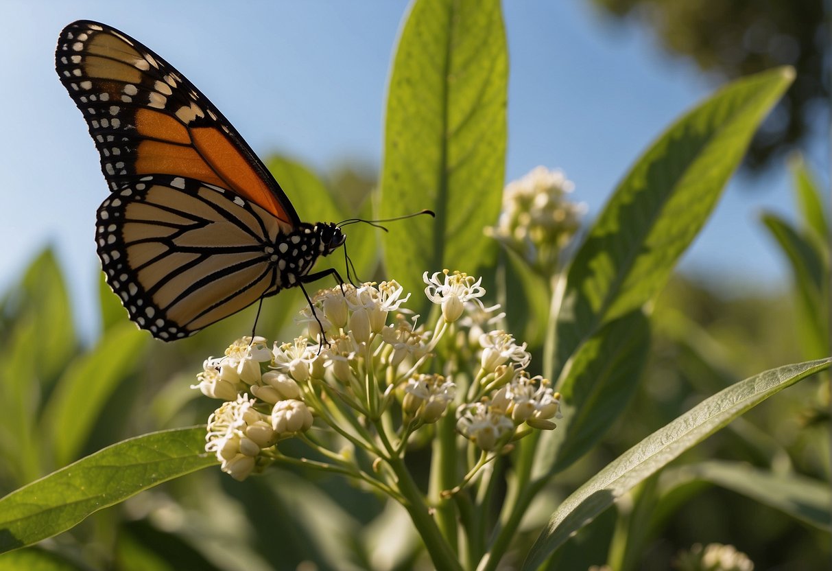 Monarch butterfly lays eggs on milkweed. Butterflies flutter around milkweed plants, laying eggs on the leaves