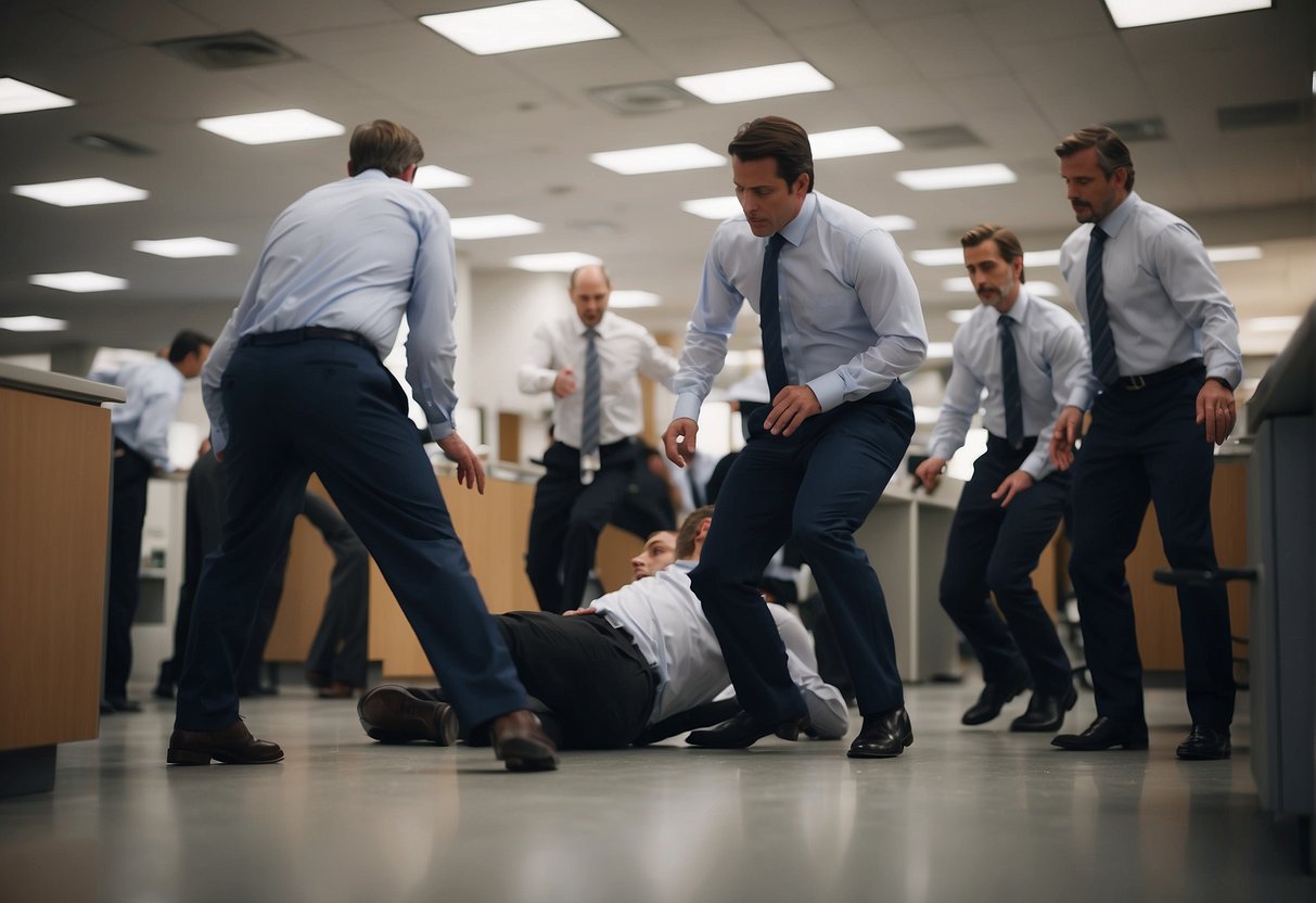 An office worker falls from a faulty chair, causing injury. Co-workers rush to assist and document the incident. An official report is filed, and the injured worker seeks medical attention