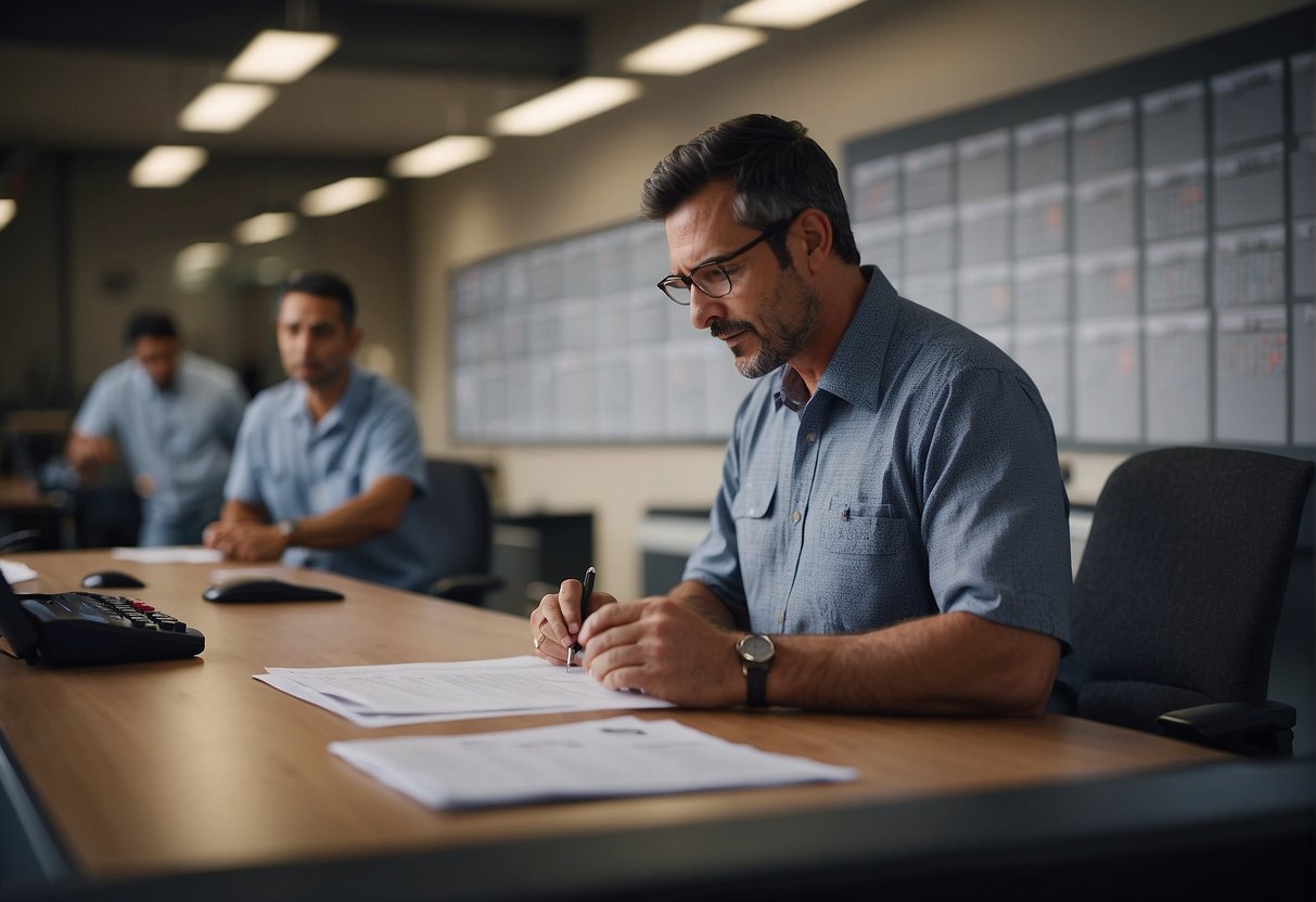 A worker fills out paperwork at a desk. A supervisor looks on as the worker submits a claim form. A calendar on the wall marks important dates