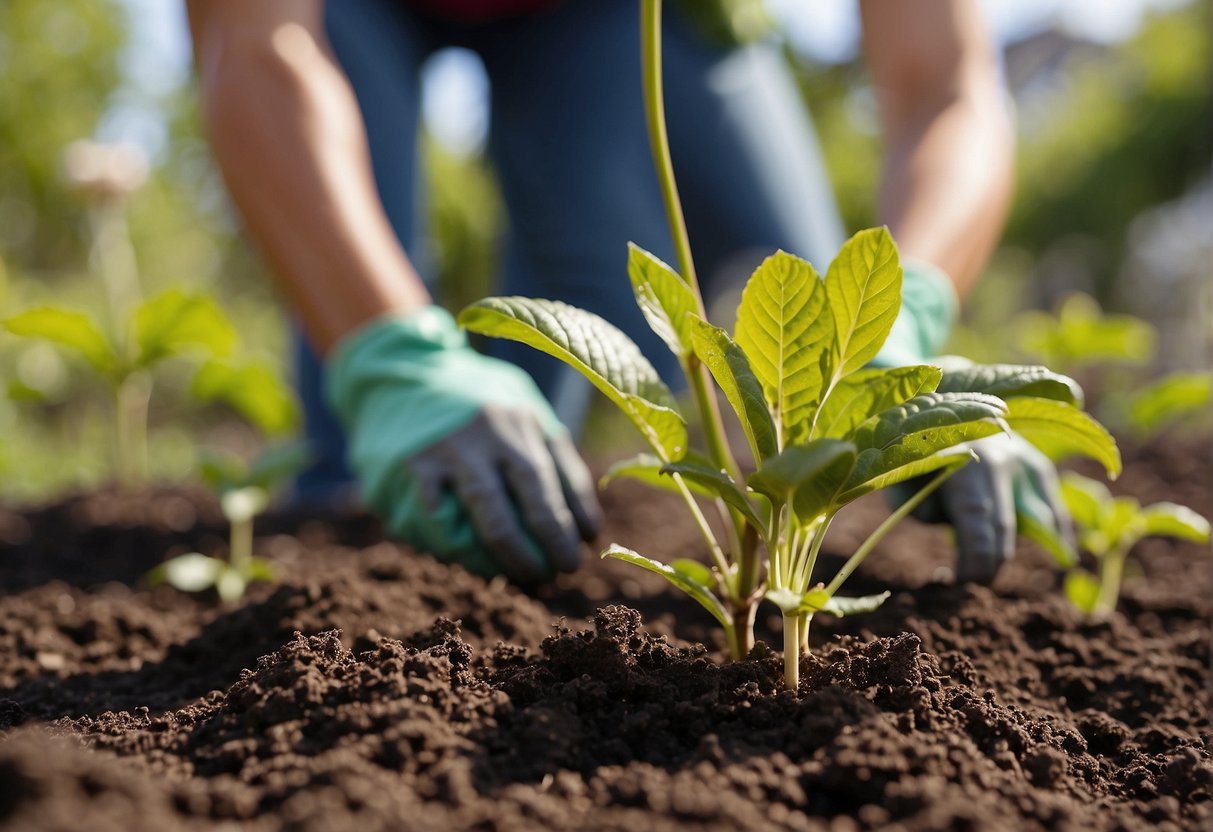 A gardener plants beautyberry in rich, well-drained soil under full sun. Regular watering and occasional pruning ensure healthy growth