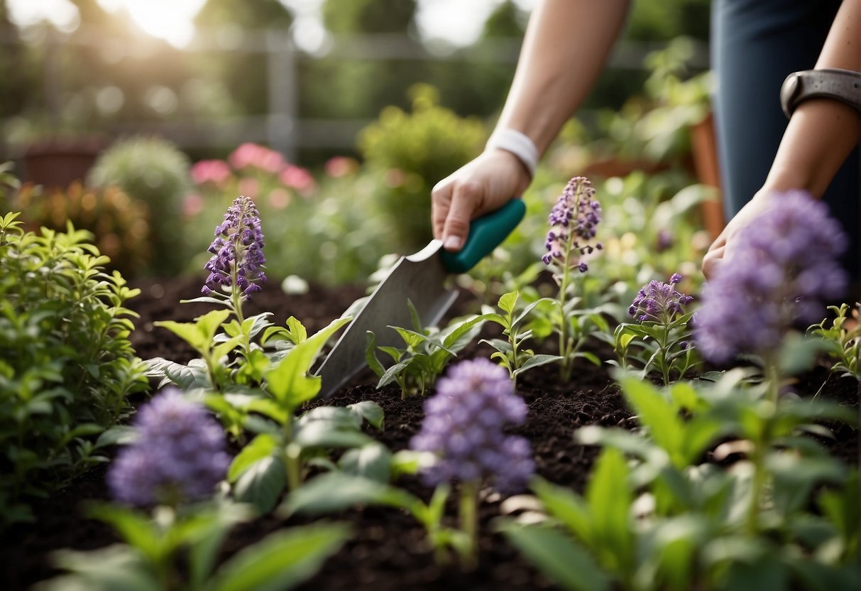 A garden with a variety of plants and flowers, with a focus on a beautyberry bush being planted in the center. A person could be seen holding a gardening trowel nearby