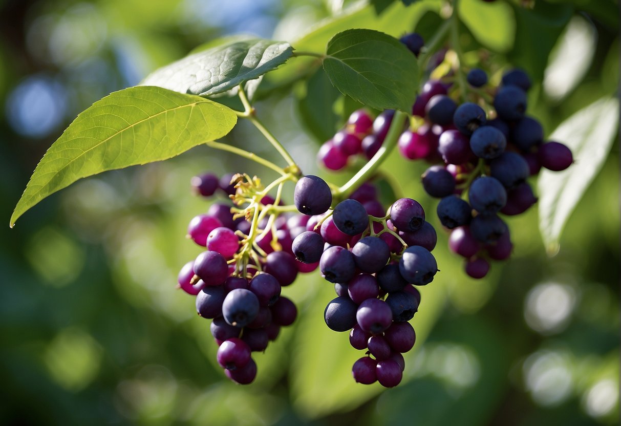 A cluster of vibrant purple beautyberries dangle from the arching branches of a lush green shrub, creating a striking contrast against the backdrop of the garden