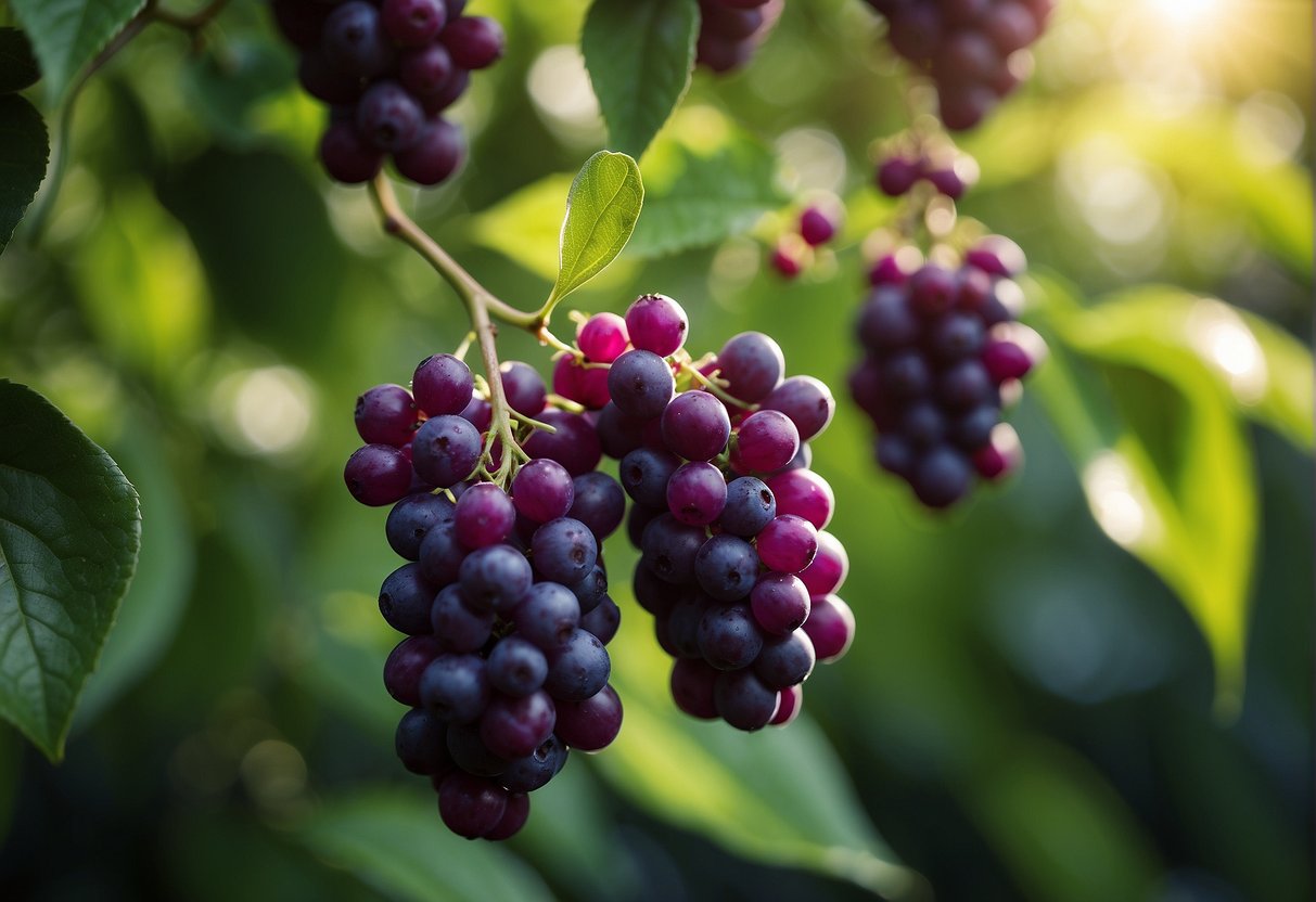 A cluster of vibrant purple beautyberries hangs from a lush green shrub, surrounded by dappled sunlight and a backdrop of foliage