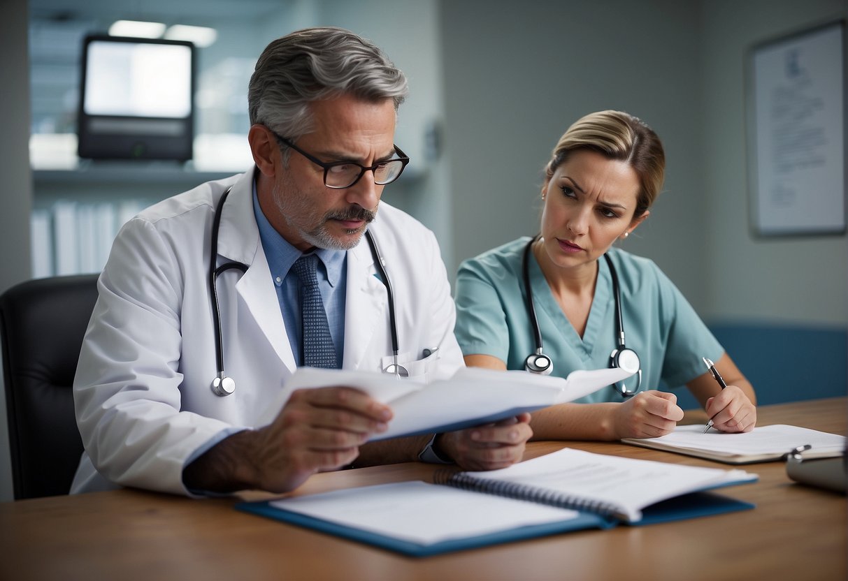 A doctor reviewing medical records with a concerned expression, while a patient looks on with a worried expression. The doctor holds a pen, ready to take notes