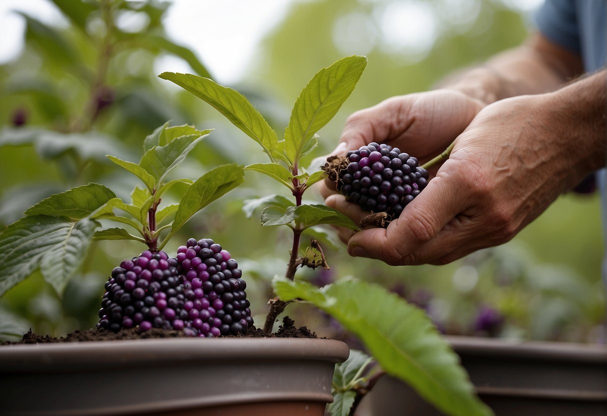 The gardener carefully cuts a healthy beautyberry stem and dips it into rooting hormone before planting it in a pot of moist soil