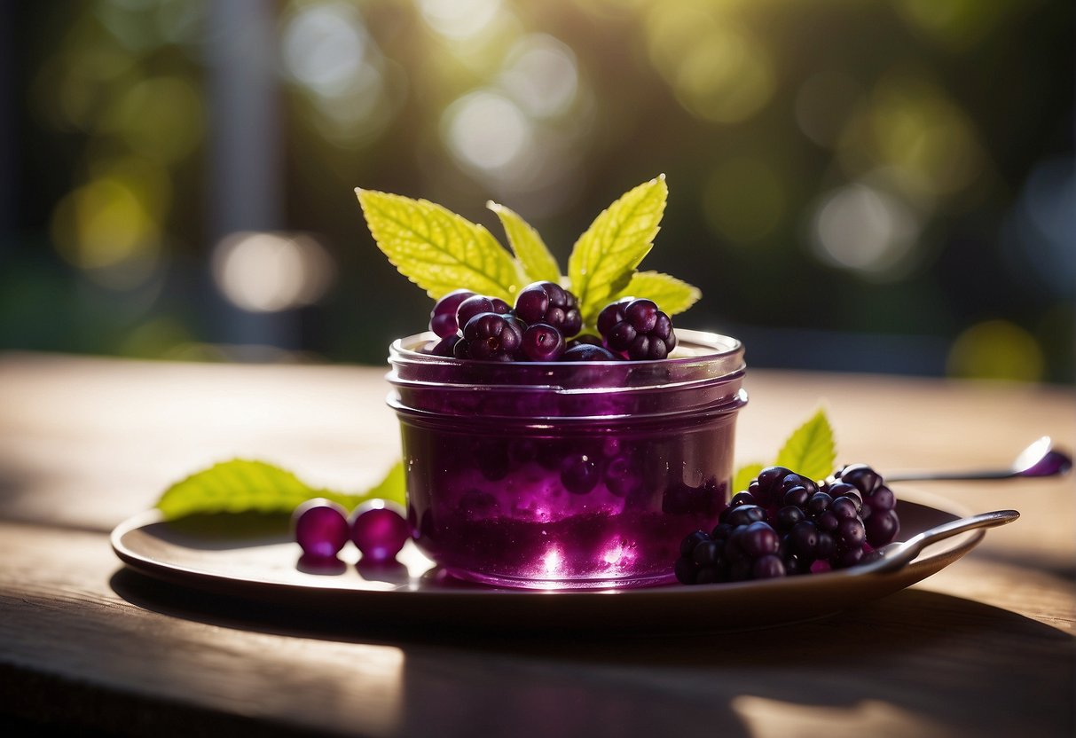 A spoonful of beautyberry jelly glistens in the sunlight, its deep purple hue hinting at the sweet and slightly tart flavor within