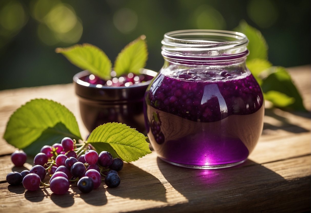 A jar of vibrant purple beautyberry jelly sits on a rustic wooden table, surrounded by fresh beautyberries and a few scattered leaves. The jelly glistens in the sunlight, enticing the viewer with its sweet and tart aroma