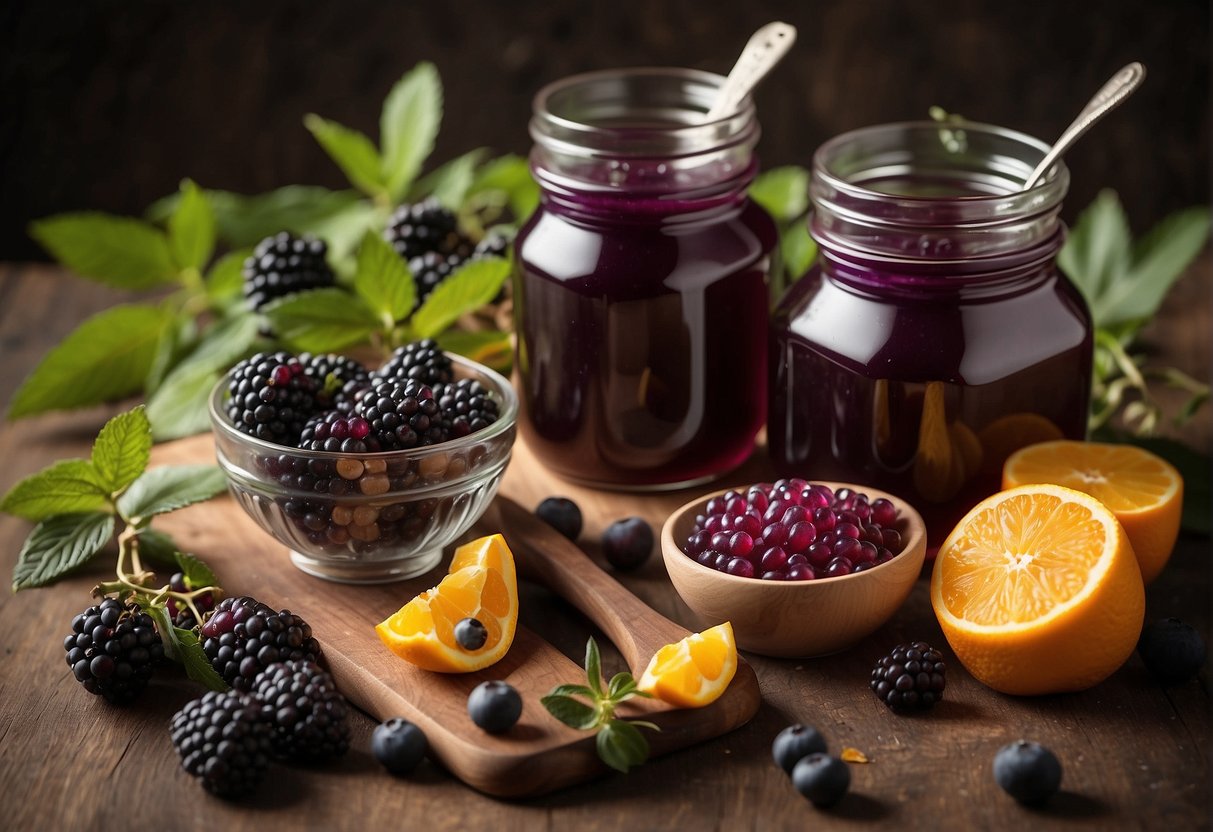 A table with ingredients and utensils for making beautyberry jelly, along with a step-by-step recipe guide