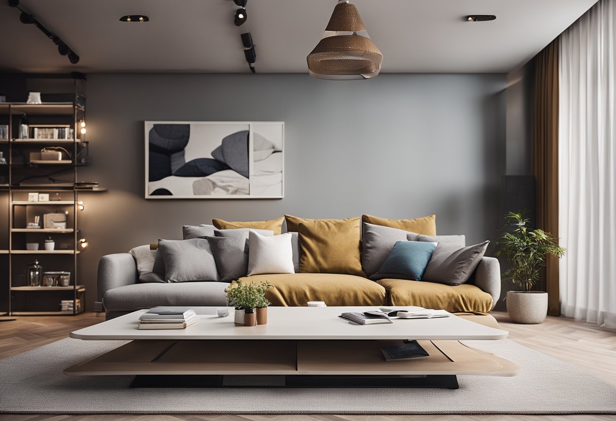 A cozy living room with a foldable sofa bed, adjustable coffee table, and wall-mounted shelves for easy access