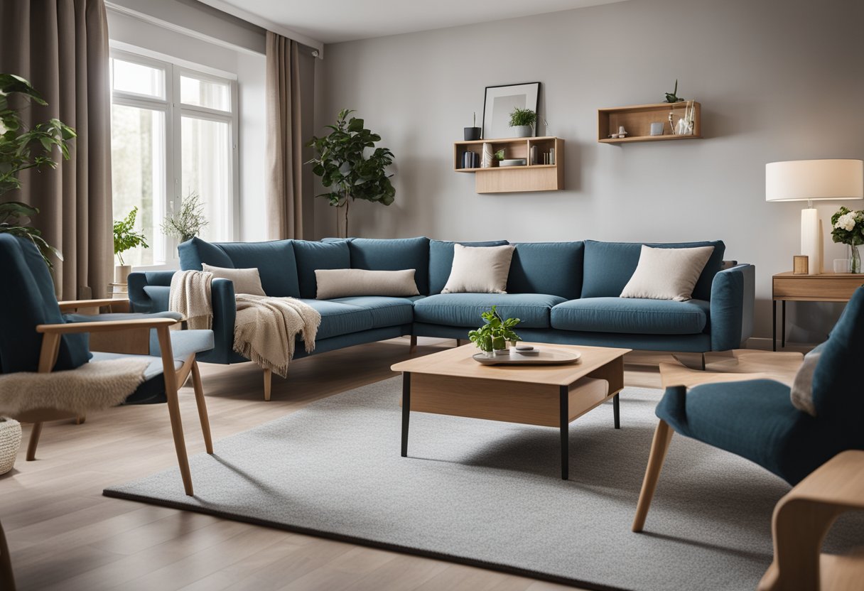 A cozy living room with easily accessible and space-saving furniture for seniors. Compact sofas, adjustable tables, and grab bars for convenience