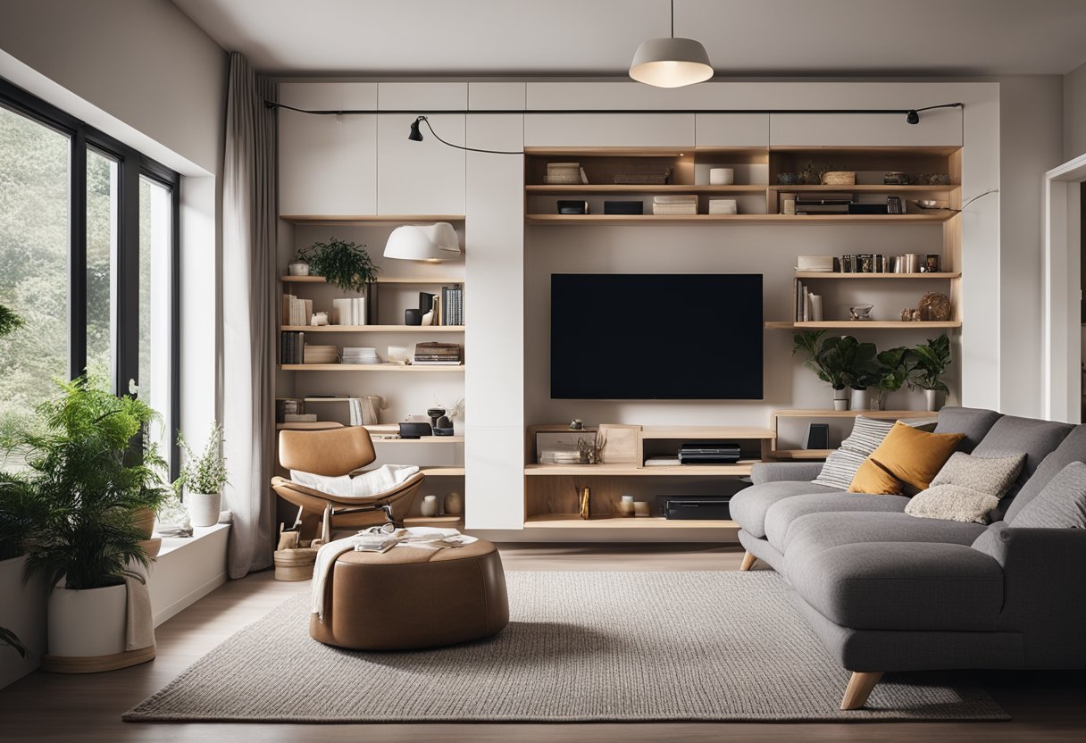 A cozy living room with a foldable coffee table, wall-mounted shelves, and a reclining chair with built-in storage